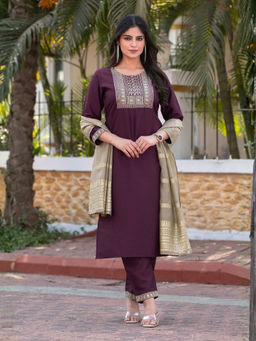 Autumnlane - Burgundy Embroidered Sequined Work Kurta with Pant and Dupatta