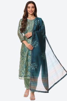 Biba - Turquoise Chanderi Unstitched Dress Material (Set of 3)