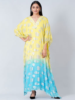 First Resort by Ramola Bachchan - Yellow And Blue Ombre Full Length Kaftan