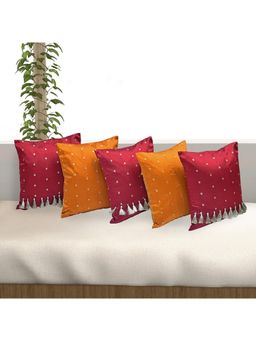 At Home by Nilkamal - Beverlly Abstract Poly Brocade 16x16 Cushion Cover Set of 5 (Gold, Red & Yellow)