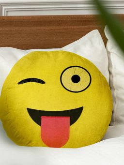 At Home by Nilkamal - Smiley Crazy Emoji Polyester Filled Cushion|14 x 14 inches|Yellow