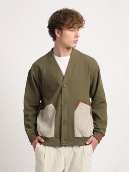 The Bear House - Men Green Self-Design Cotton Cardigan