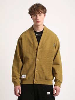 The Bear House - Men Mustard Self-Design Cotton Cardigan