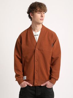 The Bear House - Men Brown Self-Design Cotton Cardigan