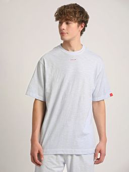 The Bear House - Men White Self Design Oversized Fit Crew Neck T-Shirt