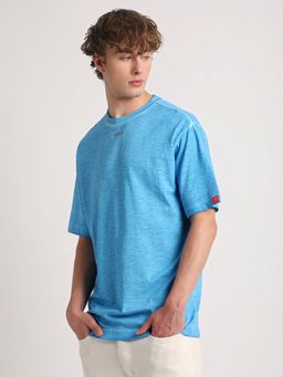 The Bear House - Men Blue Self Design Oversized Fit Crew Neck T-Shirt