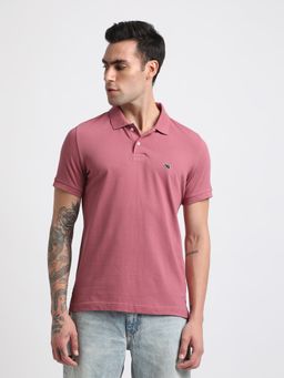 The Bear House - Men Pink Solid Slim Fit Polo Neck T-Shirt