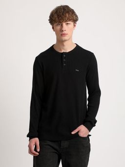 The Bear House - Men Black Waffle Knitted Slim Fit Henley Neck T-Shirt