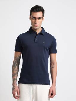 The Bear House - Men Blue Solid Slim Fit Polo Neck T-Shirt