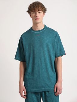 The Bear House - Men Teal Self Design Oversized Fit Crew Neck T-Shirt