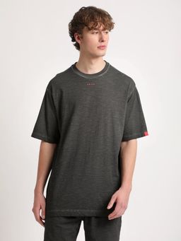 The Bear House - Men Black Self Design Oversized Fit Crew Neck T-Shirt