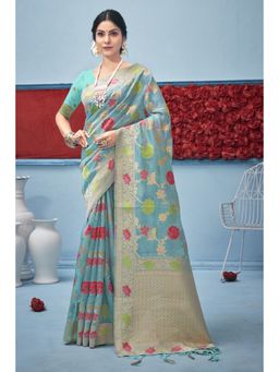 EXCLUSIVA - Sky Blue Organza Saree with Unstitched Blouse