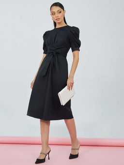 Styli - Black Short Puff Sleeves Self Tie Belt Detail A-line Midi Dress (Set of 2)