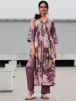 Libas - Mauve Floral Printed Hight Slit Kurta with Solid Pant (Set of 2)