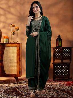 Libas - Green Floral Embroidered Yoke Design Kurta with Pant and Dupatta (Set of 2)