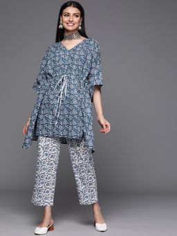 Libas - Navy Blue Cotton Tie-Up Kaftan Styles Kurta with Pant (Set of 2)