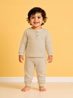 Mi Arcus - Beige Knit Full-Sleeve Solid Winter Top With Striped Joggers