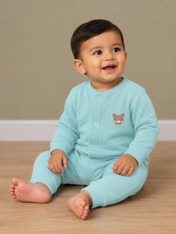 Mi Arcus - Blue Knit Full Sleeves Bear Print Winter Top And Joggers