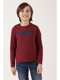 One Friday - Boys Red Embroidered Round Neck Full Sleeve Cotton T-Shirt