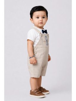 One Friday - Baby Boys Beige Printed Cotton Dungaree With T-Shirt