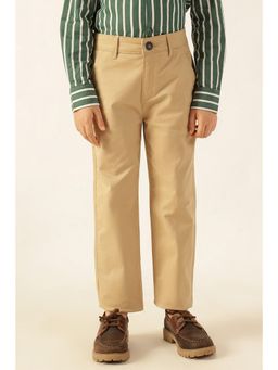 One Friday - Boys Beige Twill Lycra Solid Trousers