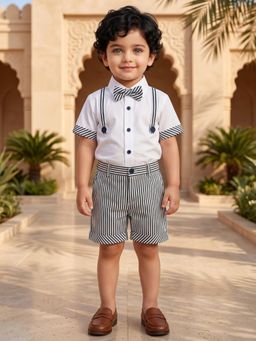 AJ Dezines - Boys White Cotton Shirt And Stripes Shorts With Bow