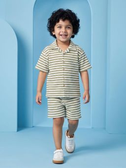 AJ Dezines - Green Stripes Cotton Over-Sized Shirt With Shorts