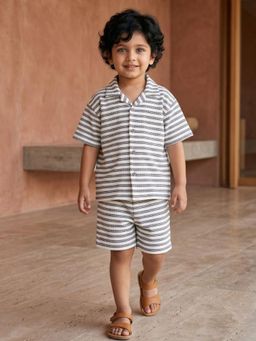 AJ Dezines - Grey Stripes Cotton Over-Sized Shirt With Shorts