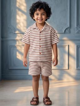 AJ Dezines - Orange Stripes Cotton Over-Sized Shirt With Shorts
