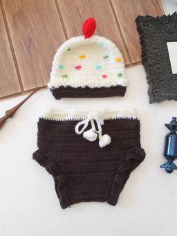 Woonie - Brown Ice-Cream Design Infant Photography Prop Panty With Cap