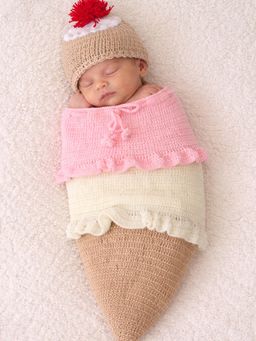 Woonie - Multi-Color Ice-Cream Cone Design Infant Photography Prop Dress With Cap