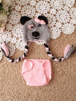 Woonie - Pink Bear Face Cap With Panty Infant Photography Prop