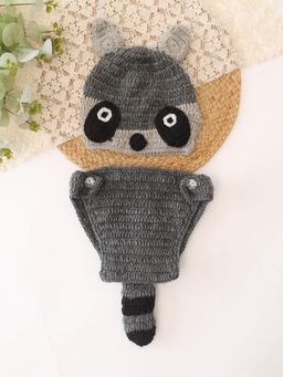 Woonie - Grey Handknitted Raccoon Design Photography Prop Cap With Panty