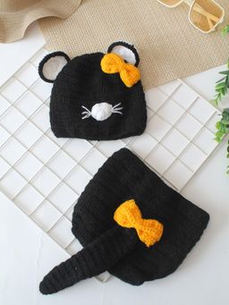 Woonie - Black Handknitted Cat Design Photography Prop Cap And Panty