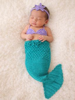 Woonie - Teal Handknitted Mermaid Tail Photography Prop With Top And Headband