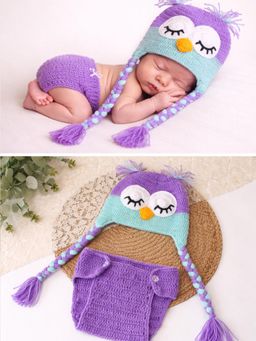 Woonie - Purple Handknitted Owl Design Photography Prop Cap With Panty