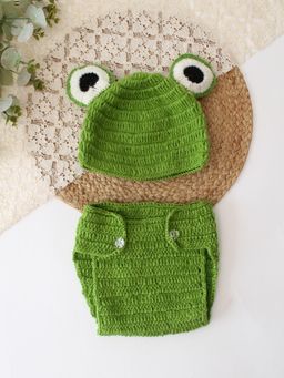 Woonie - Green Handknitted Frog Theme Photography Prop Cap With Panty