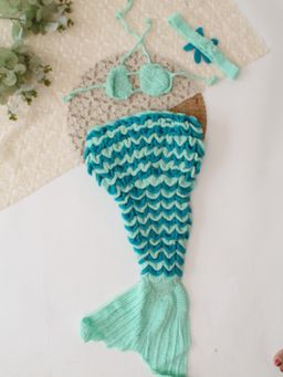 Woonie - Blue Crocodile Stitch Mermaid Baby Photoshoot Tail With Top And Headband