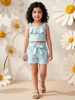 AJ Dezines - Blue Textured Cotton Top With Shorts And Belt