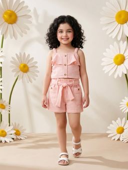 AJ Dezines - Peach Textured Cotton Top With Shorts And Belt