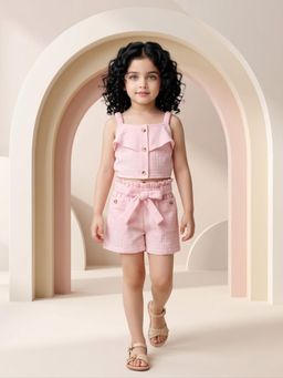 AJ Dezines - Pink Textured Cotton Top With Shorts And Belt