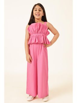 One Friday - Girls Pink Twill Sleeveless Jumpsuit