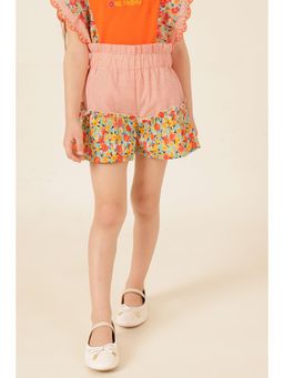 One Friday - Girls Orange Floral Print Cotton Check Shorts