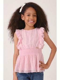 One Friday - Girls Pink Self Design Ruffled Sleeve Top