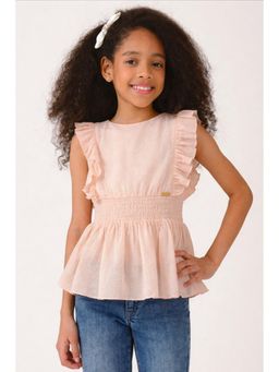 One Friday - Girls Peach Solid Cotton Woven Top