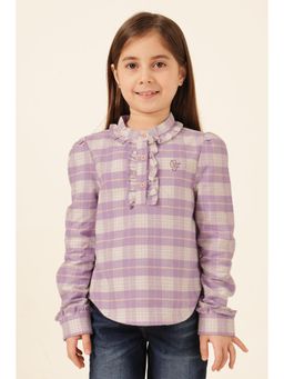 One Friday - Girls Checked Woven Top With Chinese Collar