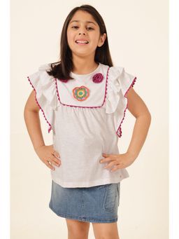 One Friday - Girls White Slub Jersey Ruffle Sleeve Top