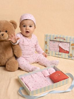 Nautinati - Girls Interlock Cotton Baby Pink Graphic Printed Gift Set (0-6 Months)