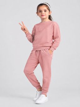 PLUM TREE - Girls Peach Soft Cotton Full Sleeve T-Shirt And Joggers