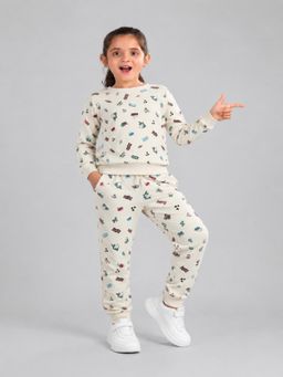 PLUM TREE - Girls Off White Soft Cotton Full Sleeve T-Shirt And Joggers